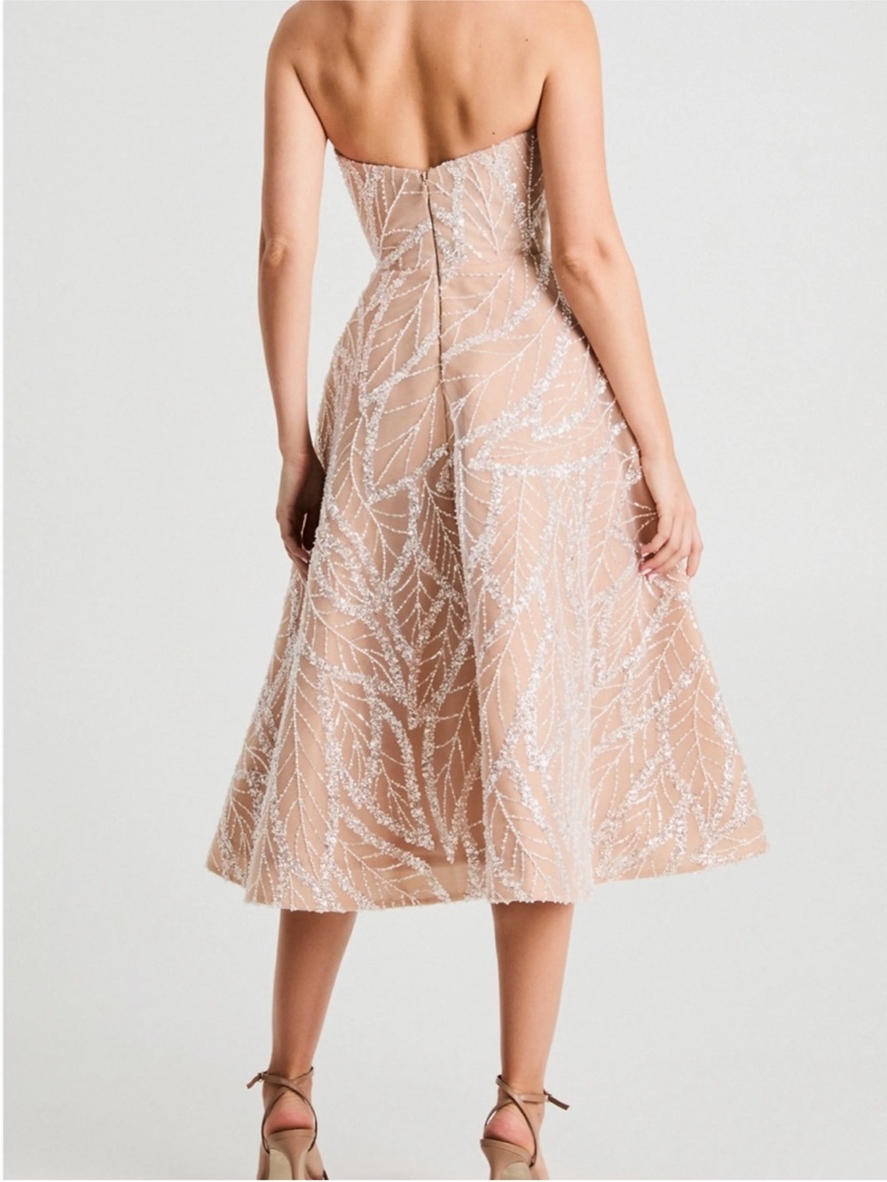 Strapless Embroidered Midi Dress in Nude - Picture 5 of 15